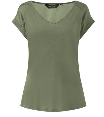 Khaki Sateen Shoulder V Neck T-Shirt 3194285