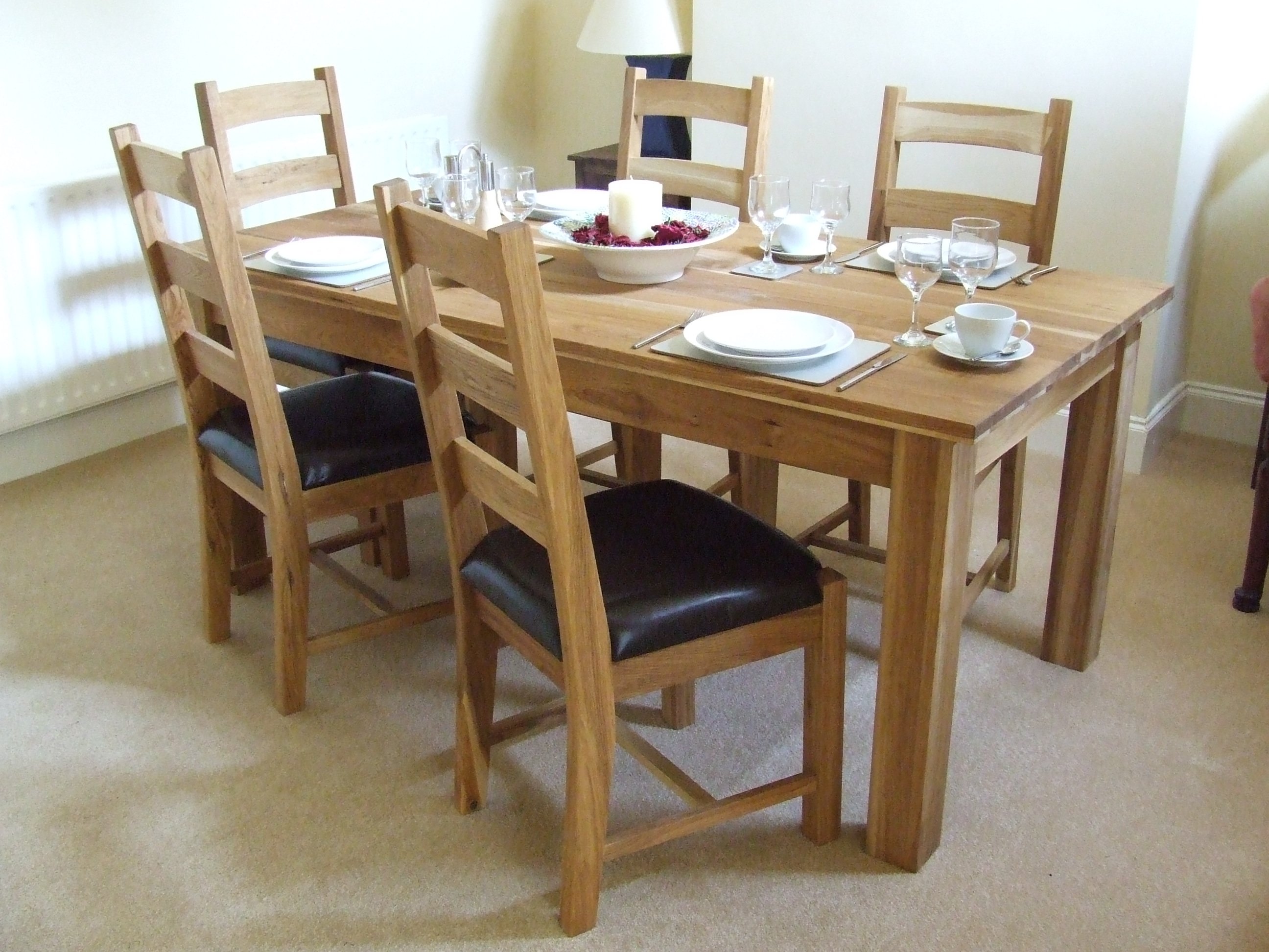 Solid Oak Ladder Back Dining Chair - Leather Pad