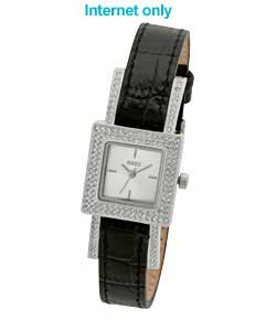 Ladies Black Leather Stone Set Quartz Watch