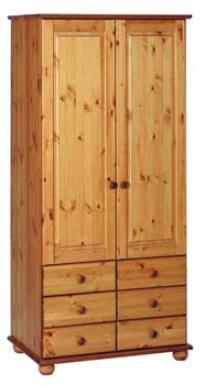 Wokingham Solid Pine 2 Door 6 Drawer Wardrobe