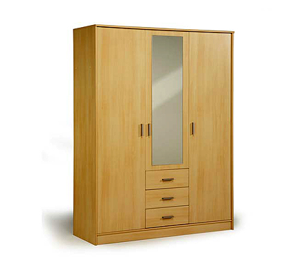 Inigo Mirrored Triple Wardrobe in Light Beech -