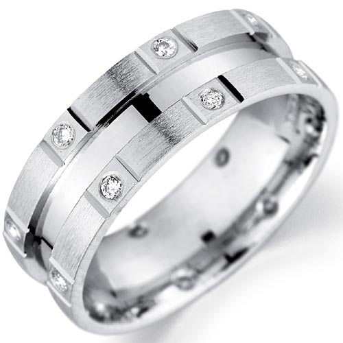 6mm Diamond Set Matt and Polished Finish Wedding Band In 18 Carat White Gold