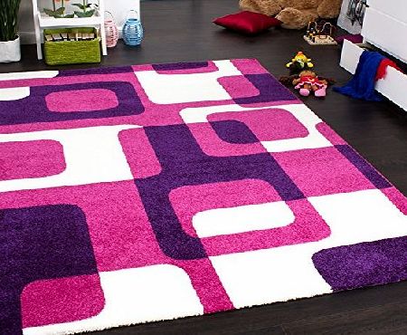 Designer Rug - Kids - Woven - Trendy Retro Style - Magenta Purple Cream, Size:120x170 cm