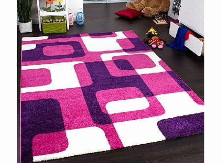 Designer Rug - Kids - Woven - Trendy Retro Style - Magenta Purple Cream, Size:70x140 cm