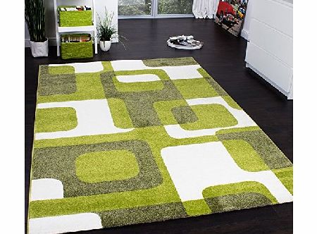 Designer Rug - Woven - Trendy Retro Style - Green Grey Cream, Size:70x140 cm