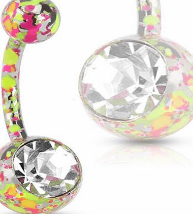 Piercing Boutique Surgical Steel Belly Bar With Paint Splatter Ball Design 1.6mm (14 gauge) x 10mm Length - One Piece - Blue Splatter