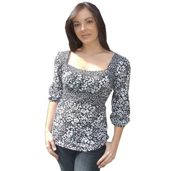 Gorgeous 100 cotton tunic with black and white floral print throughout. Square neck, 3/4 length slee