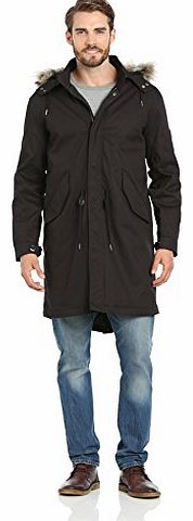 Mens Fixed Lined Parka Long Sleeve Coat, Black, Large