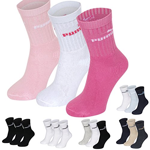 Sports Socks Kids Crew 3P Pack Junior Three Pair Packs Of Plain/Mix Pink Lady UK Size 2.5-5