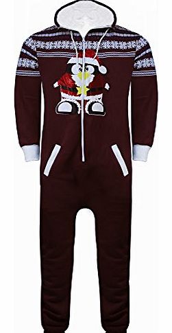 Womens Ladies Mens Snowflake Penguin Hooded All in One Playsuit Jumpsuit Onesie