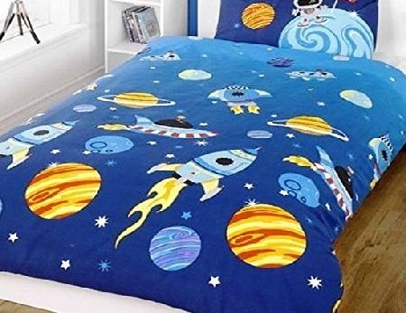 BOYS ROCKETS SPACE & PLANETS SINGLE DUVET COVER & PILLOWCASE - BLUE, Blue, Single (135x200cm)