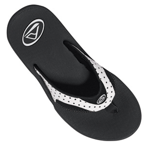 Ladies Reef Fanning Flip Flop. Black White Dots