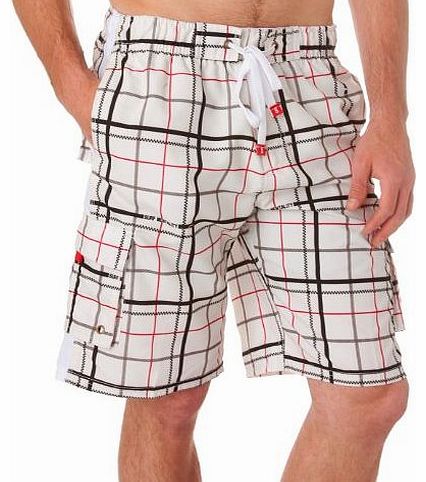 88113B - Sakkas Mens Trendy Plaid Print Skate Surf Board Short / Swim Trunks - Off white/Large