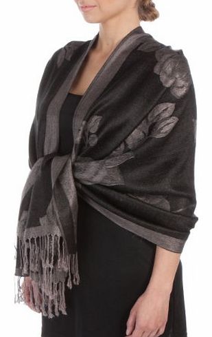 FUPashRose06AG Sakkas Lightweight Two Tone Rose Floral Design Pashmina Fringe Scarf / Stole / Wrap - Black / Gray