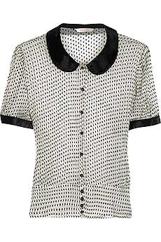 Cream sheer crinkle silk chiffon blouse with black velvet aspirin dot embellishment and velvet colla
