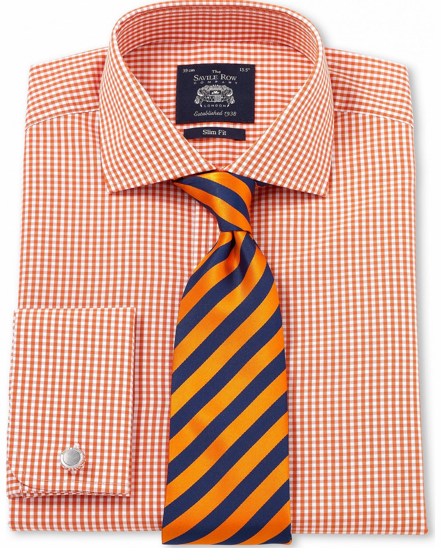 Orange White Poplin Gingham Slim Fit Shirt 14