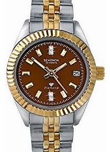 Sekonda Diamond Bronze Dial Two Tone Gold Plated Stainless Steel Bracelet Ladies Watch 4132