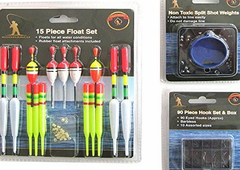 15 Piece Fishing Float Tackle Set Including 90 Hooks and Split Shot Selection.