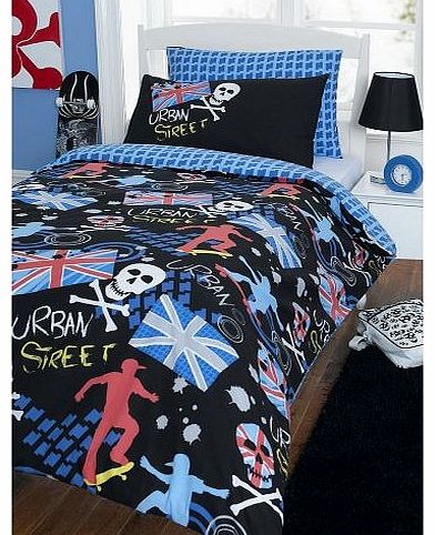 URBAN STREET SKATER UNION JACK SKULLS DOUBLE BED DUVET COVER QUILT BEDDING SET