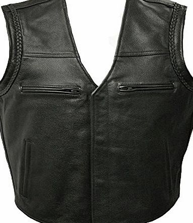 Mens Real Genuine Leather Full Grain Cowhide Motorcycle Biker Gilet Waistcoat Cut Off Classic Custom Cruiser Motorbike Shirt Collar Opie Jacket Vest in Black Jax Jacks by Skintan Brand New Size 2XL 46