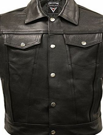 Mens Real Genuine Leather Full Grain Cowhide Plain Lace Motorcycle Biker Gilet Waistcoat Cut Off Classic Custom Cruiser Motorbike Shirt Collar Jacket Laced String Cutt Vest in Black by Skintan Brand N