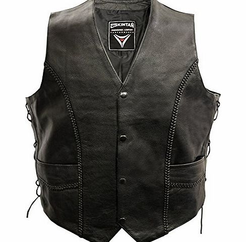 Mens Real Genuine Leather Full Grain Cowhide Plain Lace Sided Tasselled Braided Unisex Motorcycle Biker Gilet Waistcoat Classic Custom Cruiser Motorbike Shirt Jacket Laced String Tassle Vest in Black 