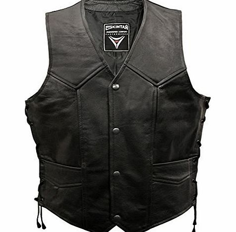 Mens Real Genuine Leather Full Grain Cowhide Plain Lace Sided Tasselled Motorcycle Biker Gilet Waistcoat Classic Custom Cruiser Motorbike Shirt Jacket Laced String Tassle Vest in Black by Skintan Bran