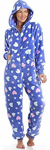 Ladies Warm Stars & Hearts Spot Print Hooded Fleece Onesie Pyjama M/L White