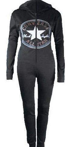 UNISEX LADIES CONVERSE ALL STAR ONESIE HOODEI JUMPSUIT PLAYSUIT PYJAMA S M L XL (M/L, BLACK)