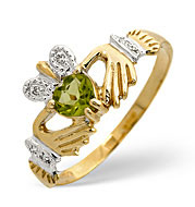 Peridot and 0.02CT Diamond Claddagh Ring 9K Yellow Gold