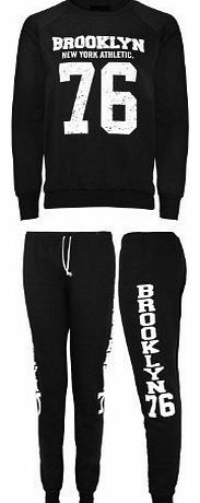 New Ladies Brooklyn Tracksuit Jogging Bottoms Womens Sweatshirt Top Black ML