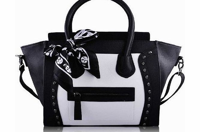 Womens Ladies Designer Inspired Leather Style Celebrity Tote Smile Skull Shoulder HandBag (Black & White Skulls Smile With Free Scarf)