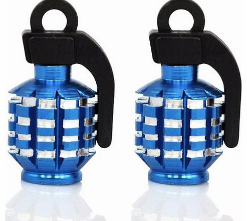 Blue Pair of Hand Grenade Alloy Valve Dust Caps Motor Bike MTB BMX Car