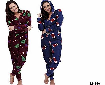 Ladies Blue Small Christmas Xmas Hooded Onesie Sleepsuit