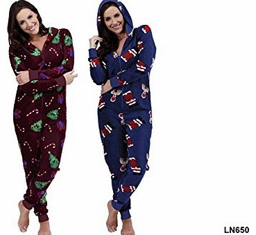 Ladies Dark Red Small Christmas Xmas Hooded Onesie Sleepsuit