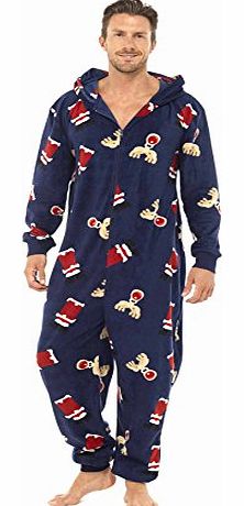 MENS BLUE MEDIUM/LARGE HOODED CHRISTMAS NOVELTY ONESIE ALL IN ONE FLEECE