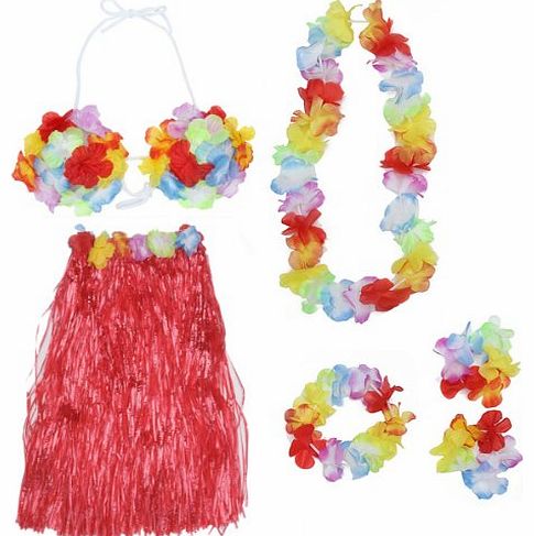 Hawaiian Tropical Hula Luau Grass Dancer Skirt and Bra Set - Red