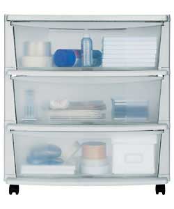 White plastic frame storage tower on castors with 3 clear plastic drawers.Plus 4 shoe boxes (WOW)Siz