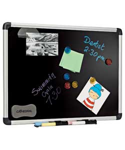 Size (W)45, (L)60cm.Aluminium frame.Wall fixing kit included.Pen tray.4 x liquid chalks.6 x magnets.