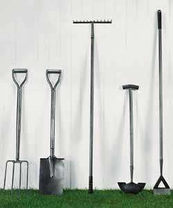 Includes soil rake, dutch hoe, edging iron, digging fork and digging spade.Durable carbon steel shaf