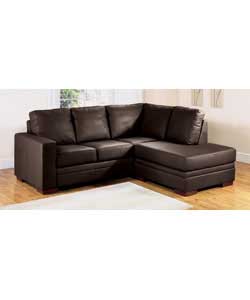 Contemporary style corner group in corrected grain leather.Fibre-filled back cushions.Suitable for