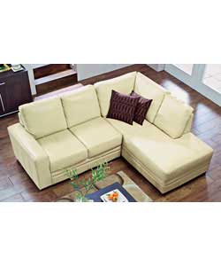 Contemporary style corner group in corrected grain leather.Fibre-filled back cushions.Suitable for