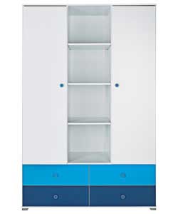 Size (H)188, (W)123, (D)51cm.White foil finish with dark and light blue fascias.1 double hanging rai