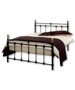 Matt black colour bedstead with antique bronze finials.Metal frame.Firm mattress.Overall size