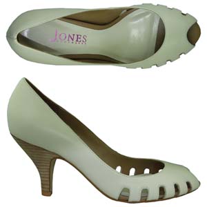 A stylish peep-toe court from Jones Bootmaker. Features decorative cut-outs, rounded toe and a prett