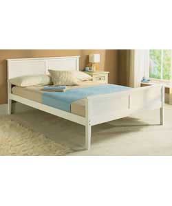 Pine wood and wicker double bedstead with white finish. Includes luxury firm mattress. Size