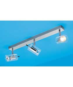 Chrome finish plate with clear glass shades.Drop 17cm.Length 56cmRequires 3 x 35 watt GU10 halogen b