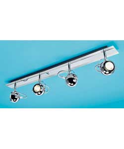 Brushed chrome finish with chrome shades.Drop 16.5cm.Length 82cm.Requires 4 x 35 watt GU10 halogen b