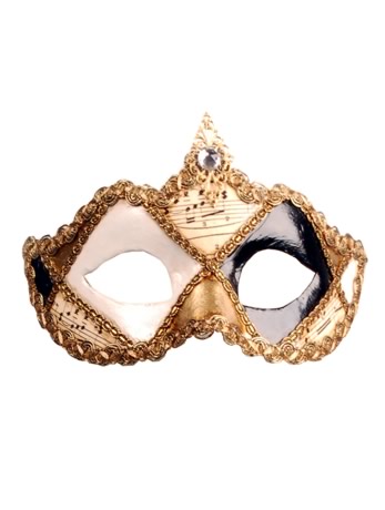 This Columbia Venetian mask is divided into sections by a criss-cross of golden braid, the sections 