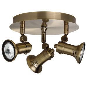 Polished brass triple spotlight fitting. Includes 3 x 50W GU10 bulbs